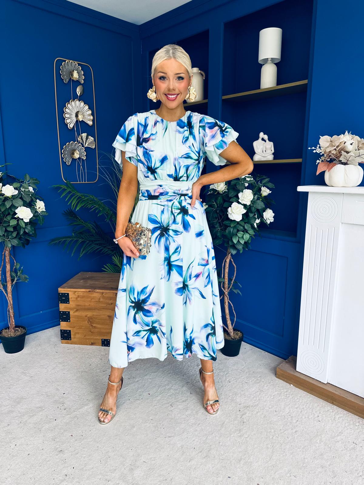 Naoise Frill Sleeve Midi Dress Floral Pwr Green
