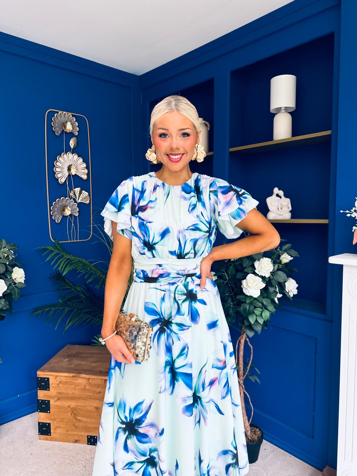 Naoise Frill Sleeve Midi Dress Floral Pwr Green