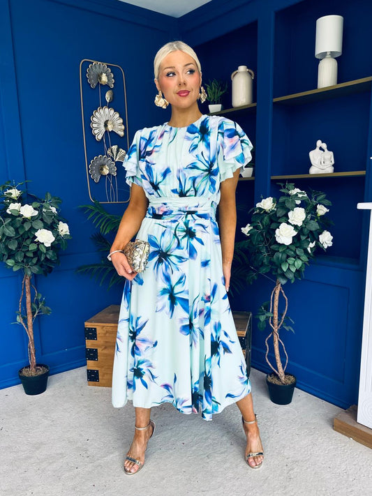 Naoise Frill Sleeve Midi Dress Floral Pwr Green