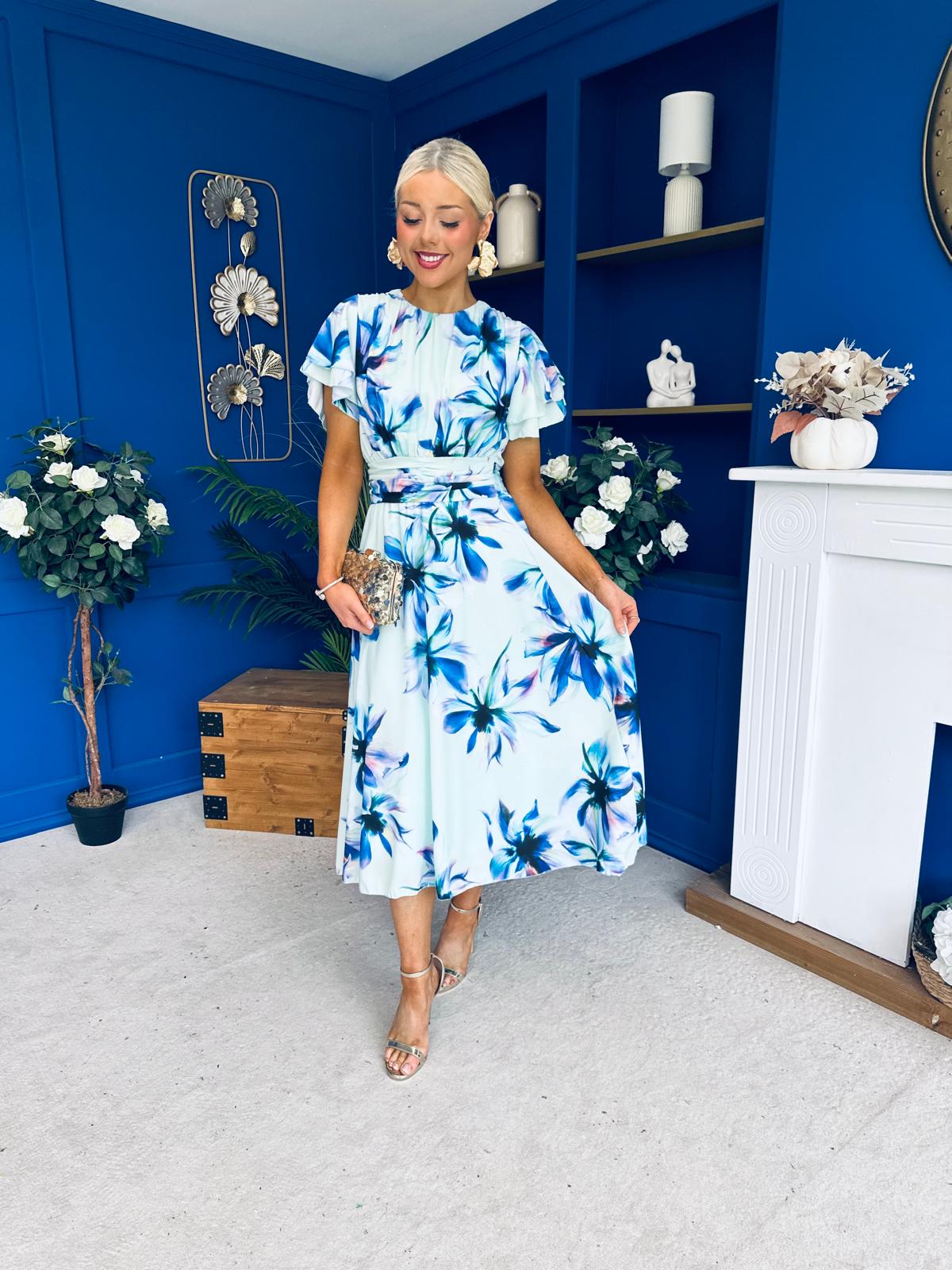Naoise Frill Sleeve Midi Dress Floral Pwr Green