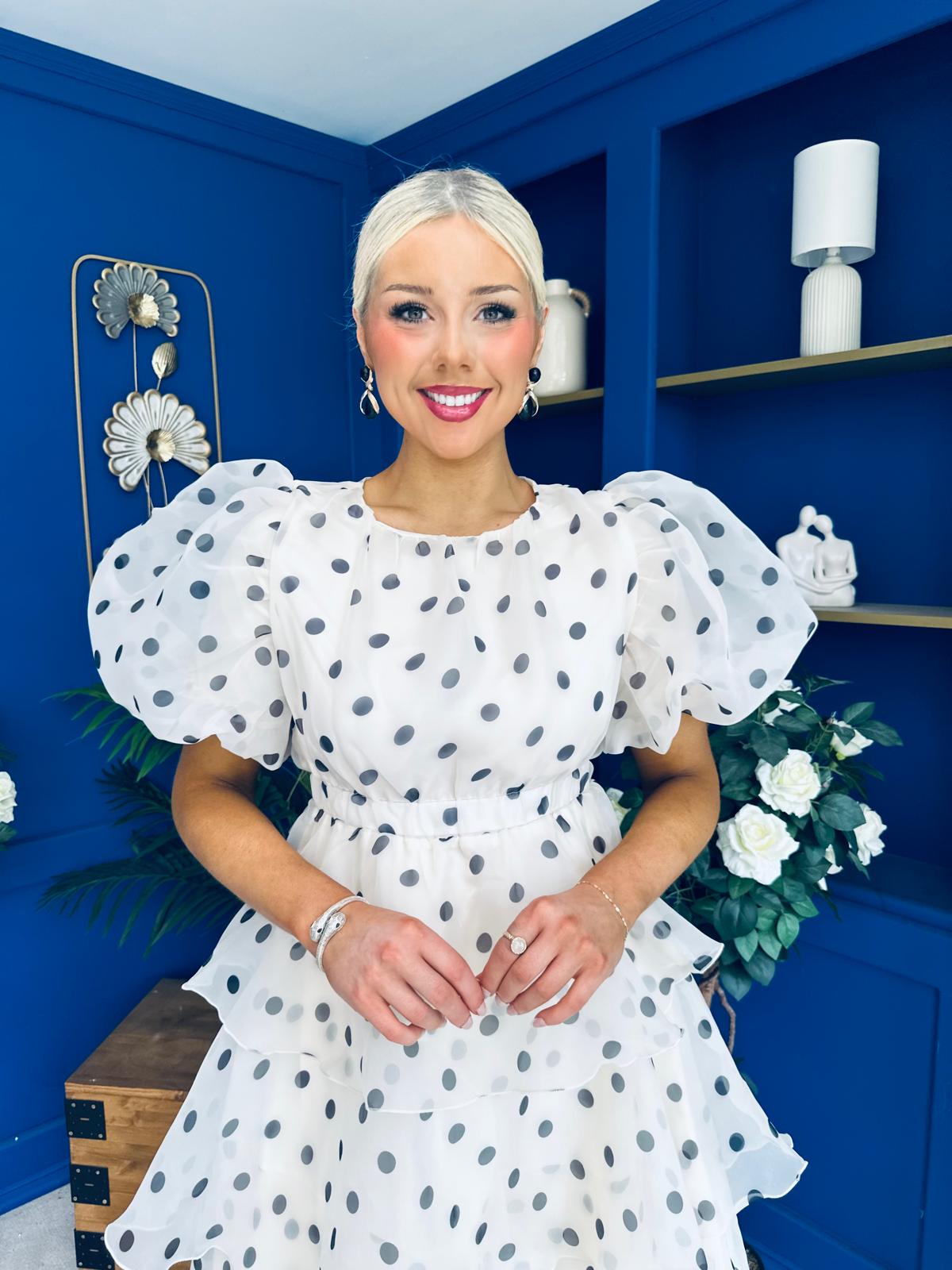 Kelsey Puff Sleeve Layered Occasion Polka Cream