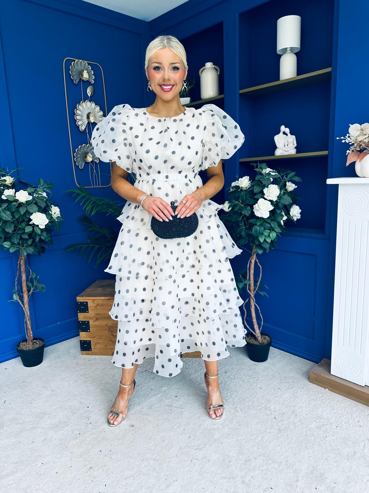 Kelsey Puff Sleeve Layered Occasion Polka Cream