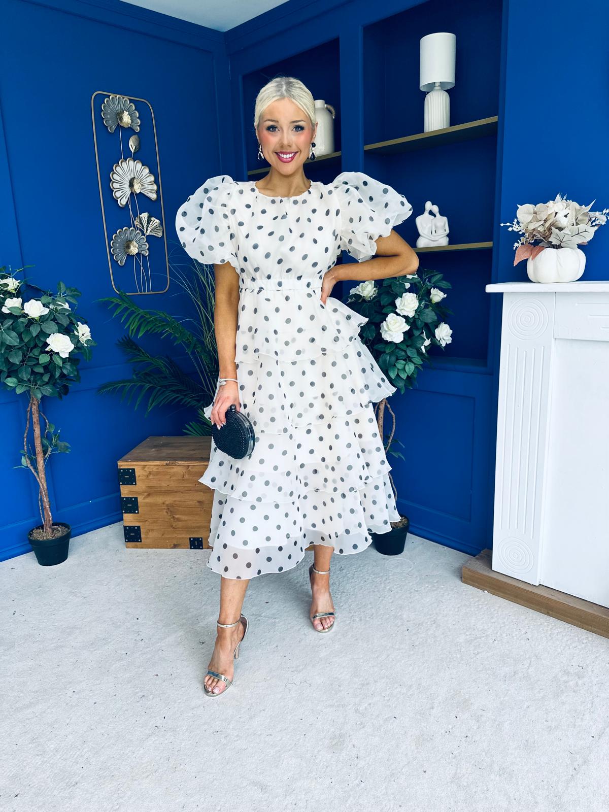 Kelsey Puff Sleeve Layered Occasion Polka Cream