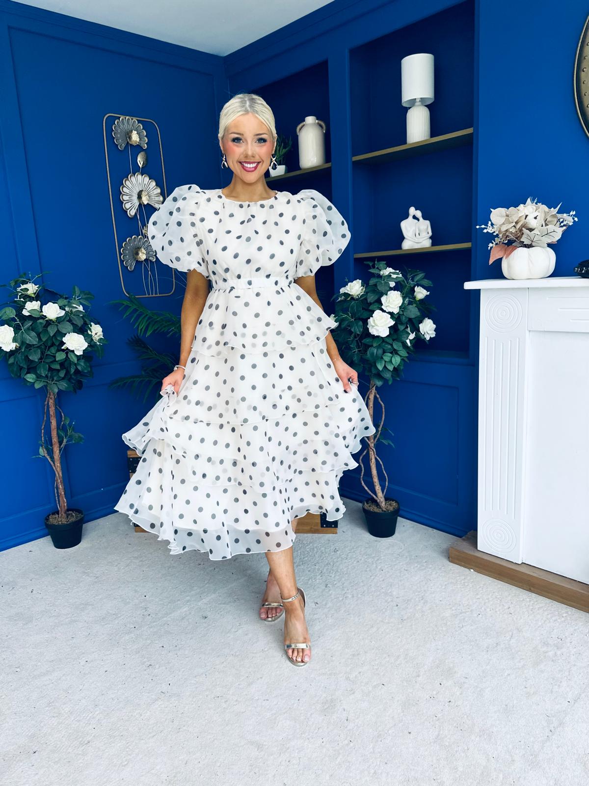 Kelsey Puff Sleeve Layered Occasion Polka Cream