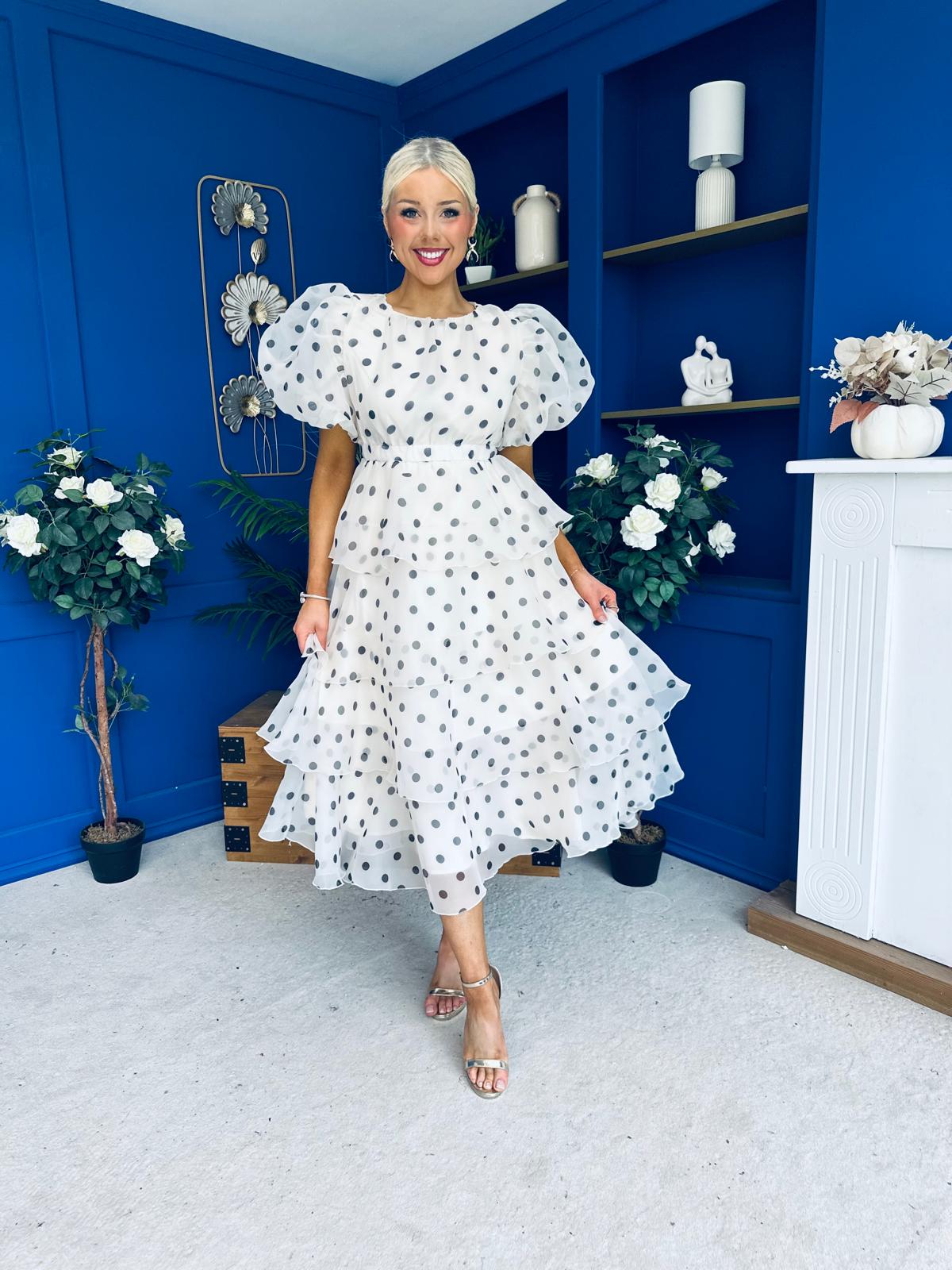 Kelsey Puff Sleeve Layered Occasion Polka Cream