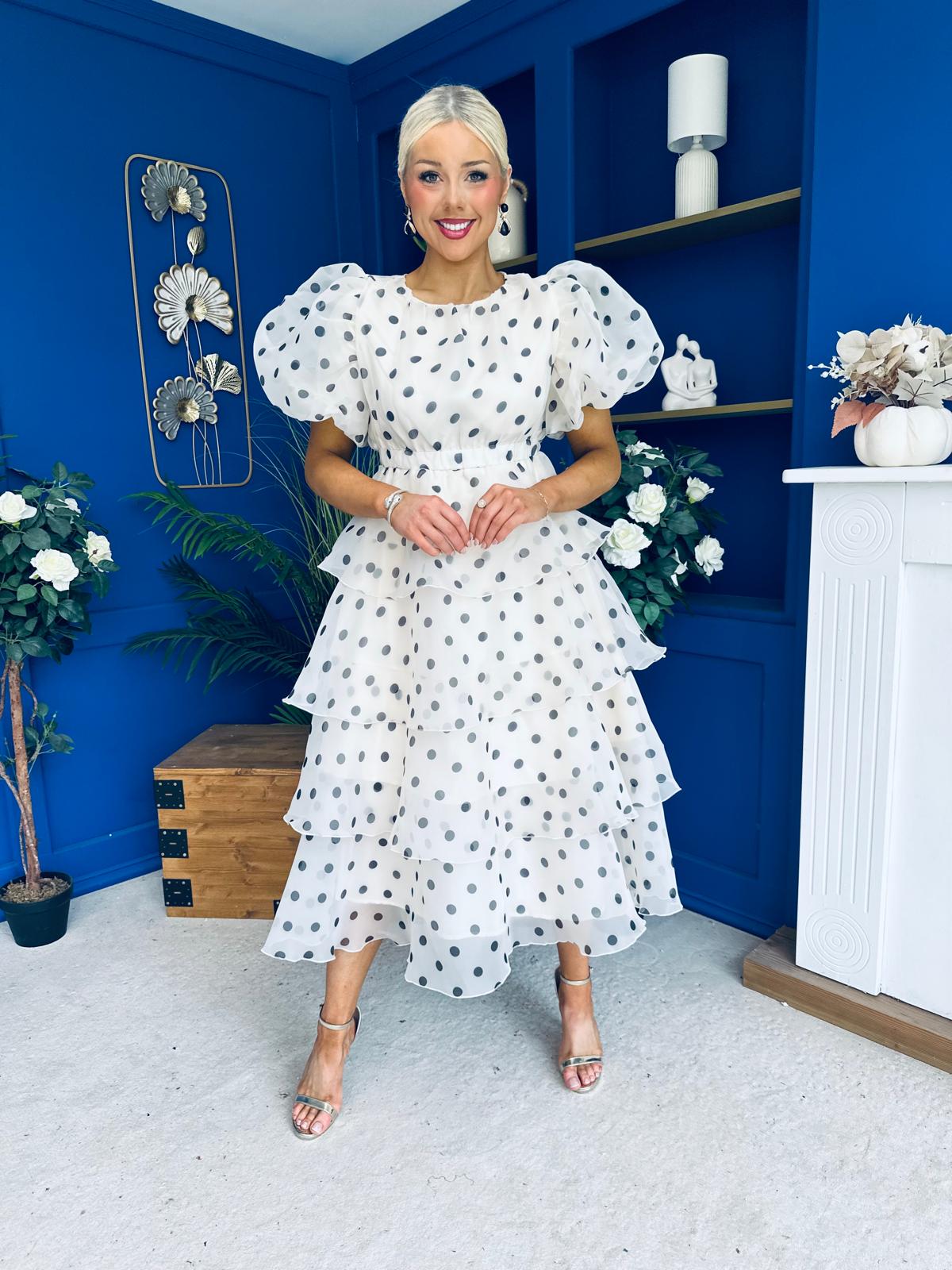 Kelsey Puff Sleeve Layered Occasion Polka Cream