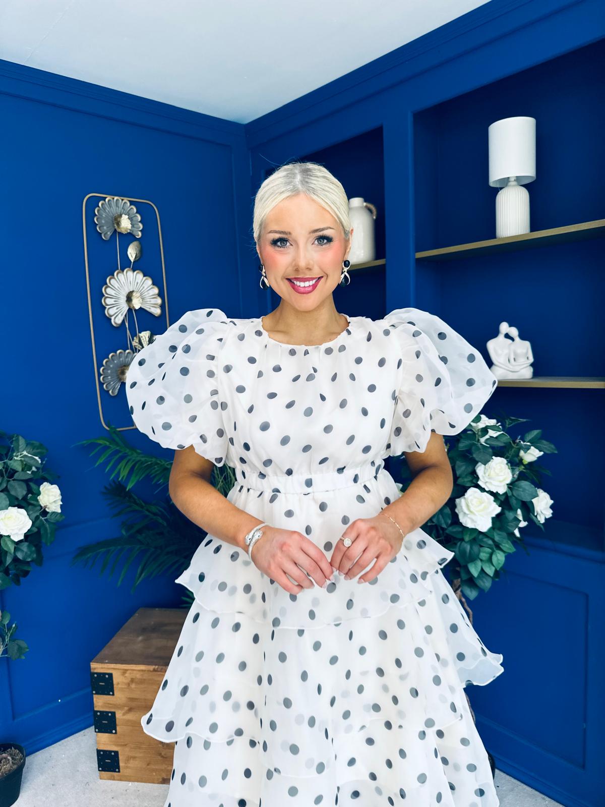 Kelsey Puff Sleeve Layered Occasion Polka Cream