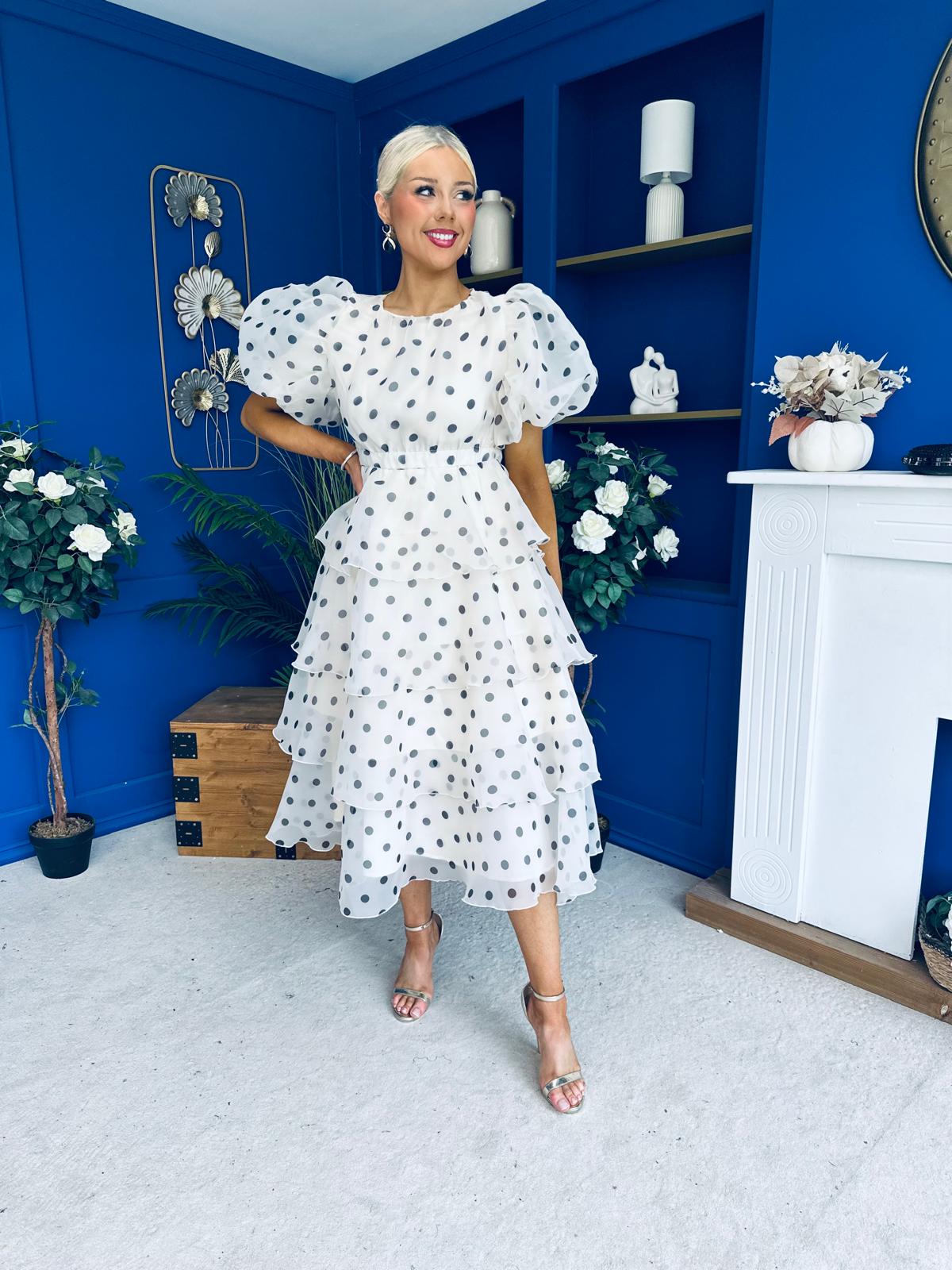 Kelsey Puff Sleeve Layered Occasion Polka Cream