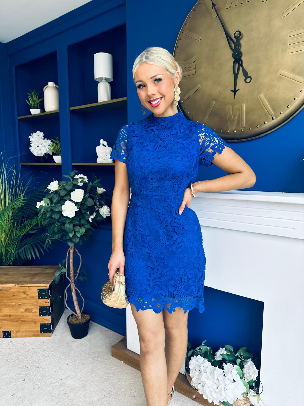 Maryam Cap Sleeve High Neck Lace Mini Dress Cobalt