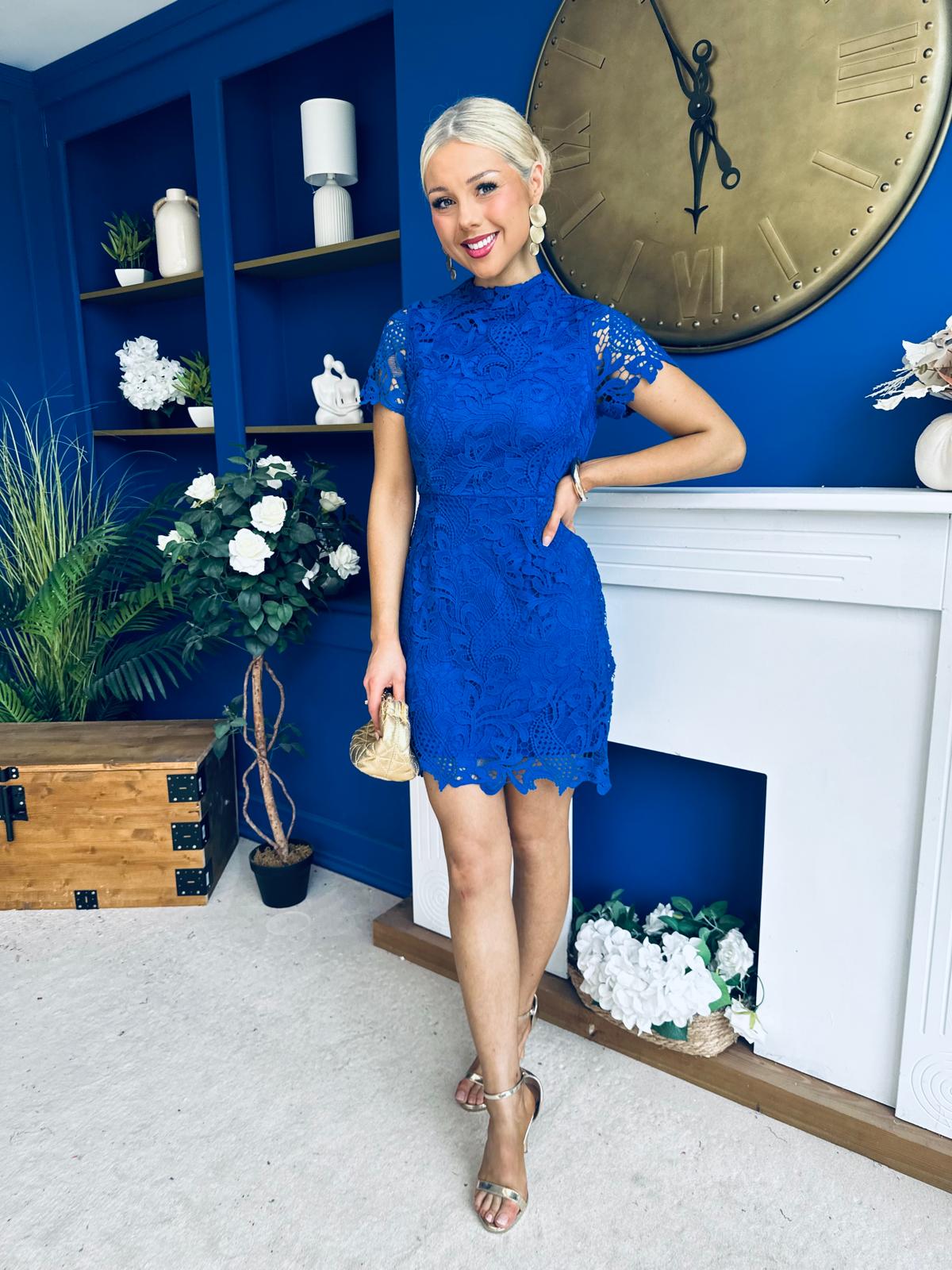 Maryam Cap Sleeve High Neck Lace Mini Dress Cobalt
