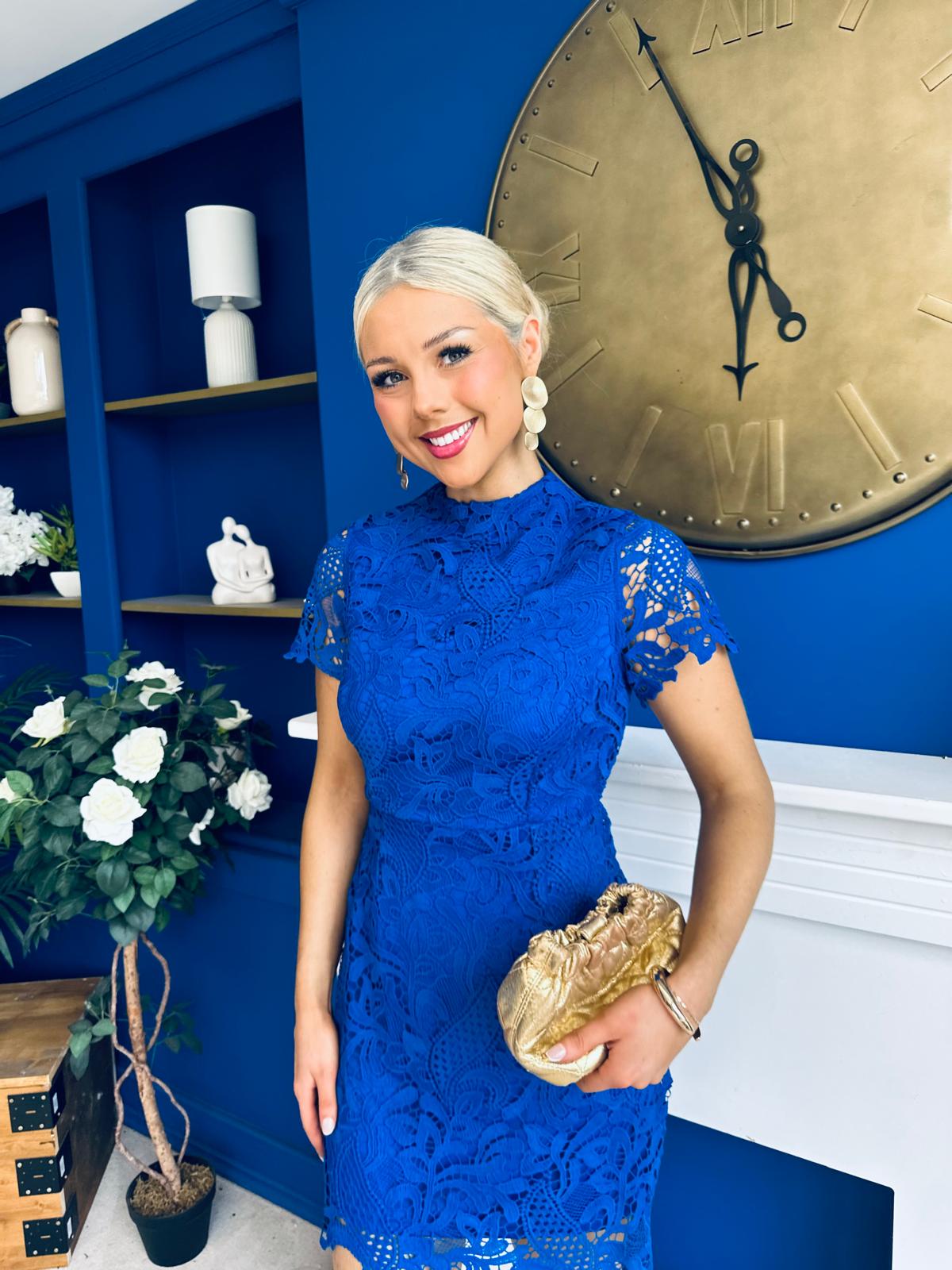 Maryam Cap Sleeve High Neck Lace Mini Dress Cobalt