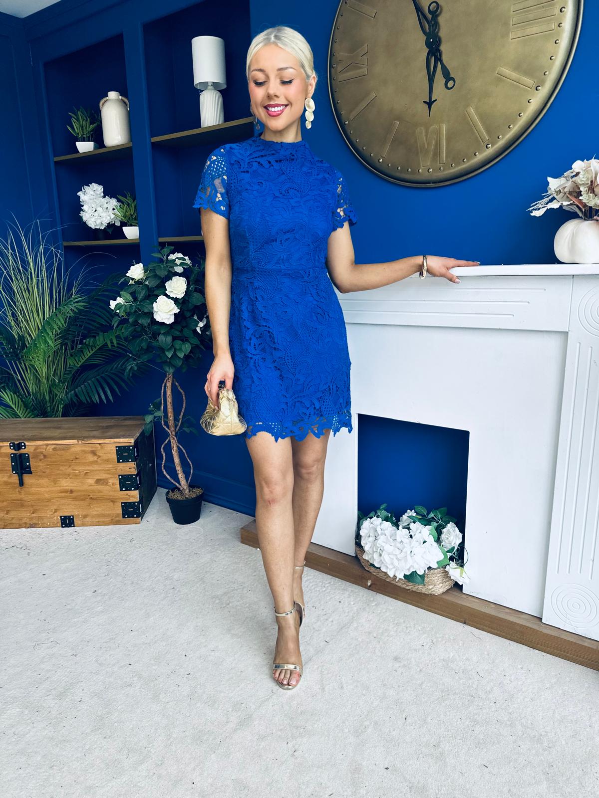 Maryam Cap Sleeve High Neck Lace Mini Dress Cobalt