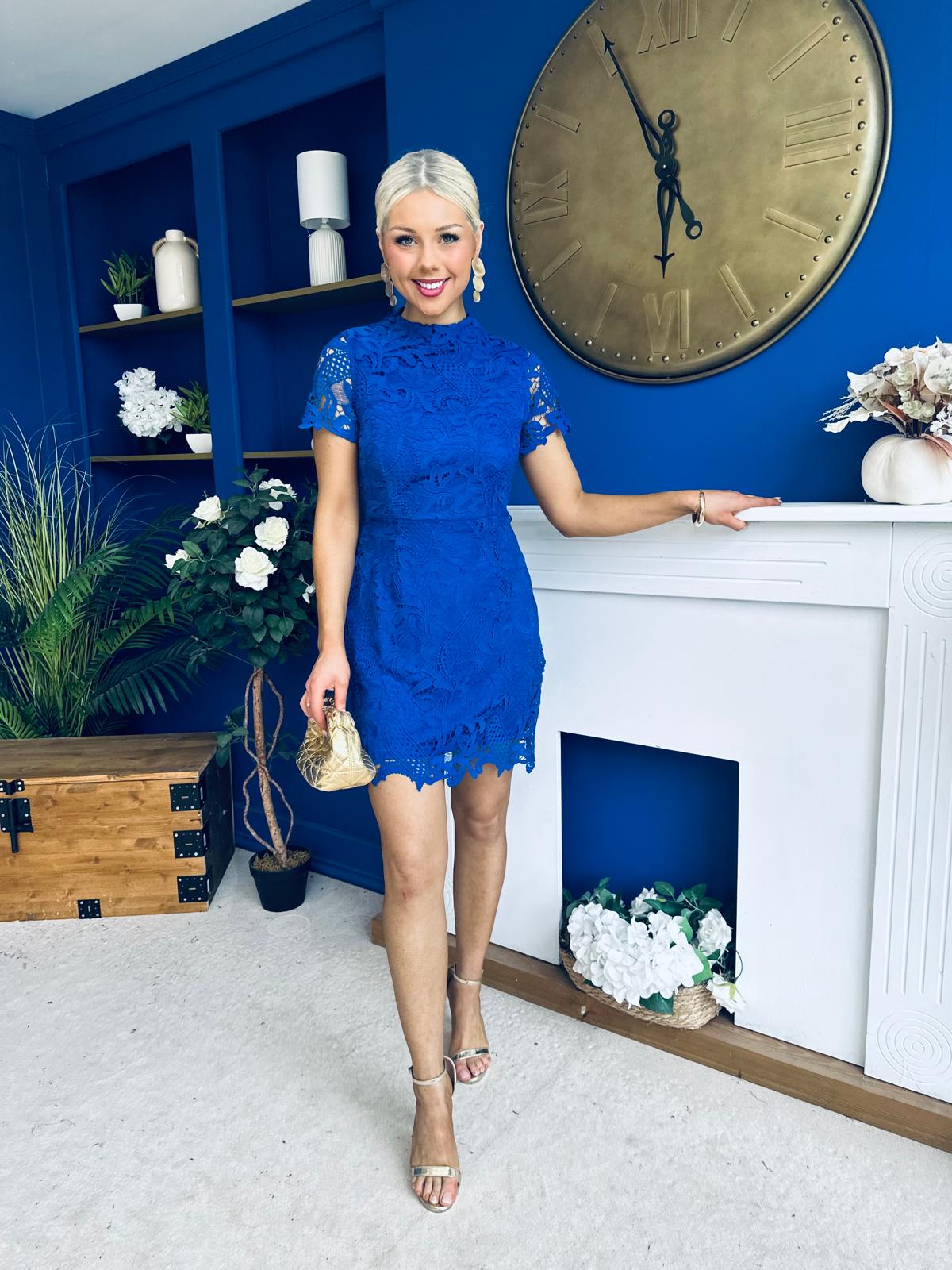 Maryam Cap Sleeve High Neck Lace Mini Dress Cobalt