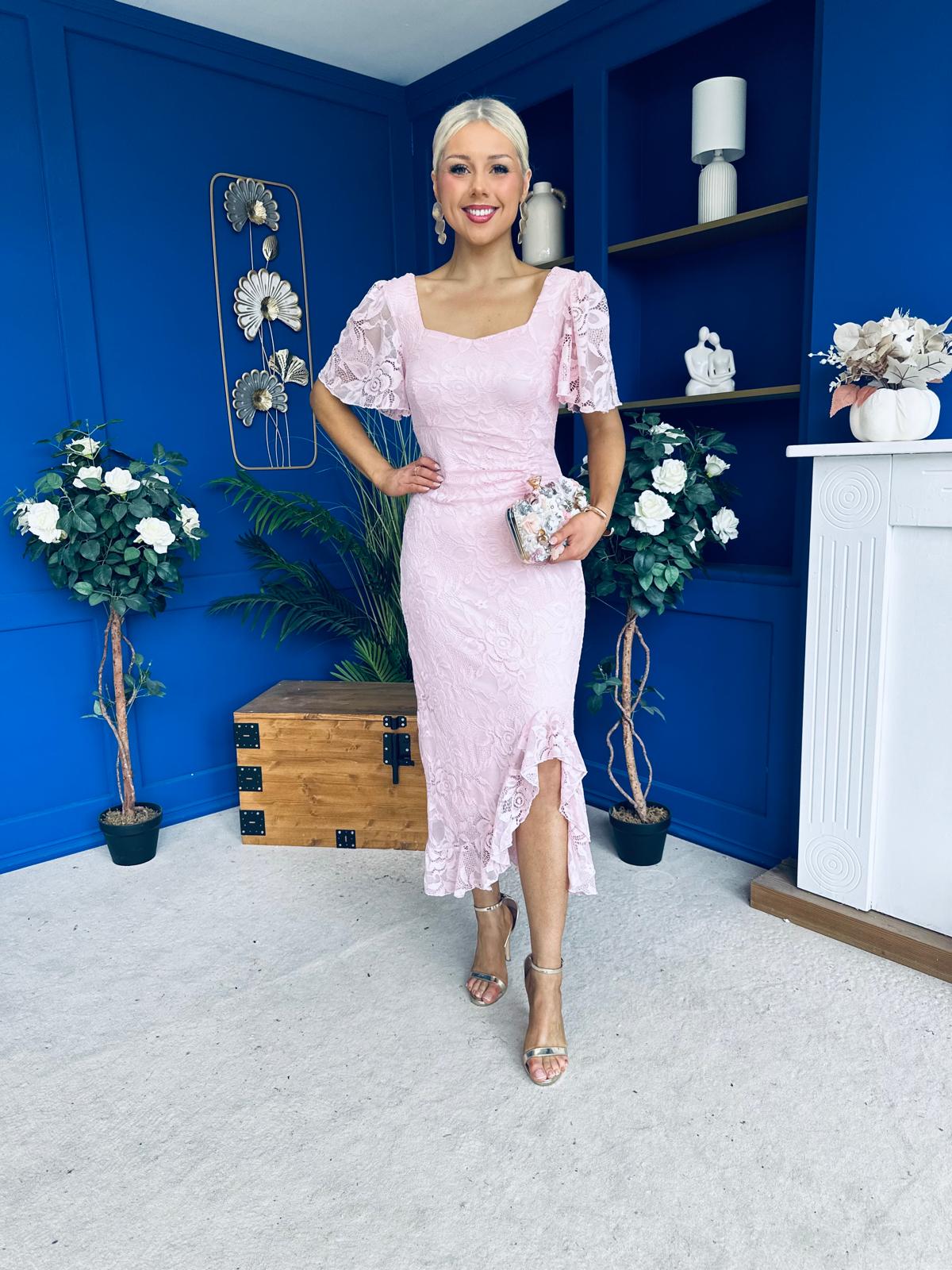 Heidi Lace Detail Ruched Midi Dress Pwr Pink