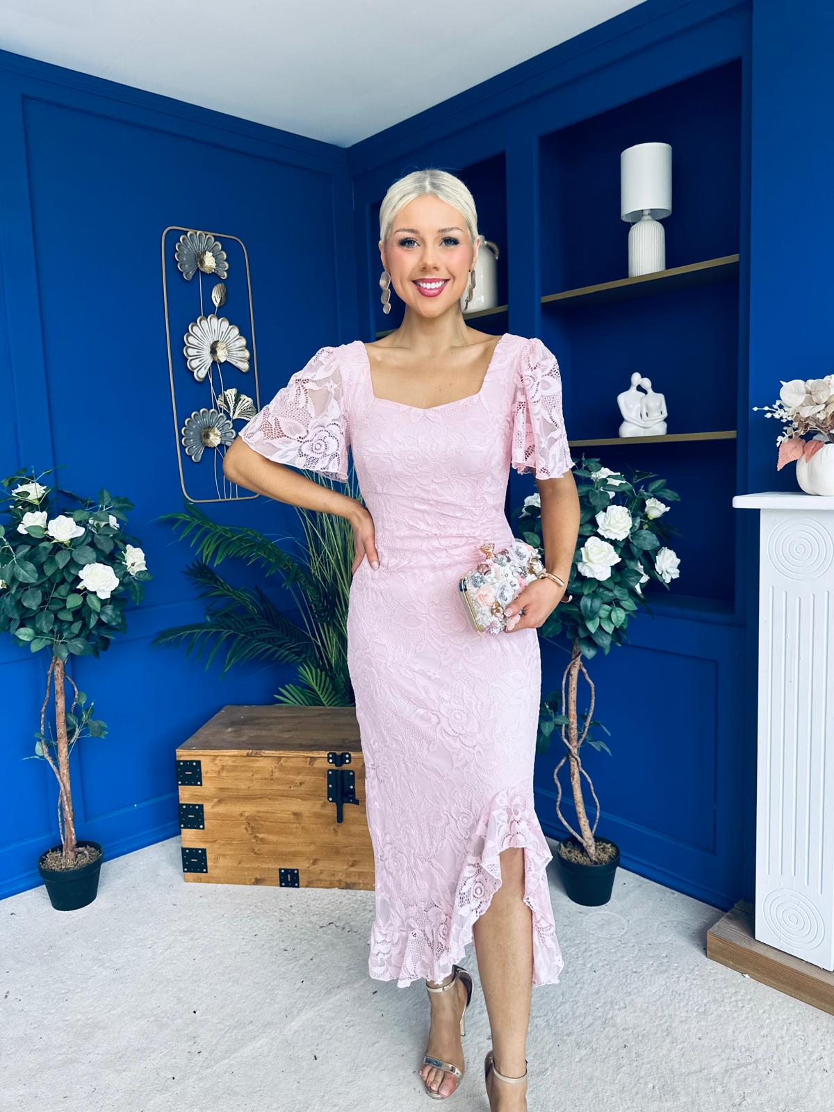 Heidi Lace Detail Ruched Midi Dress Pwr Pink