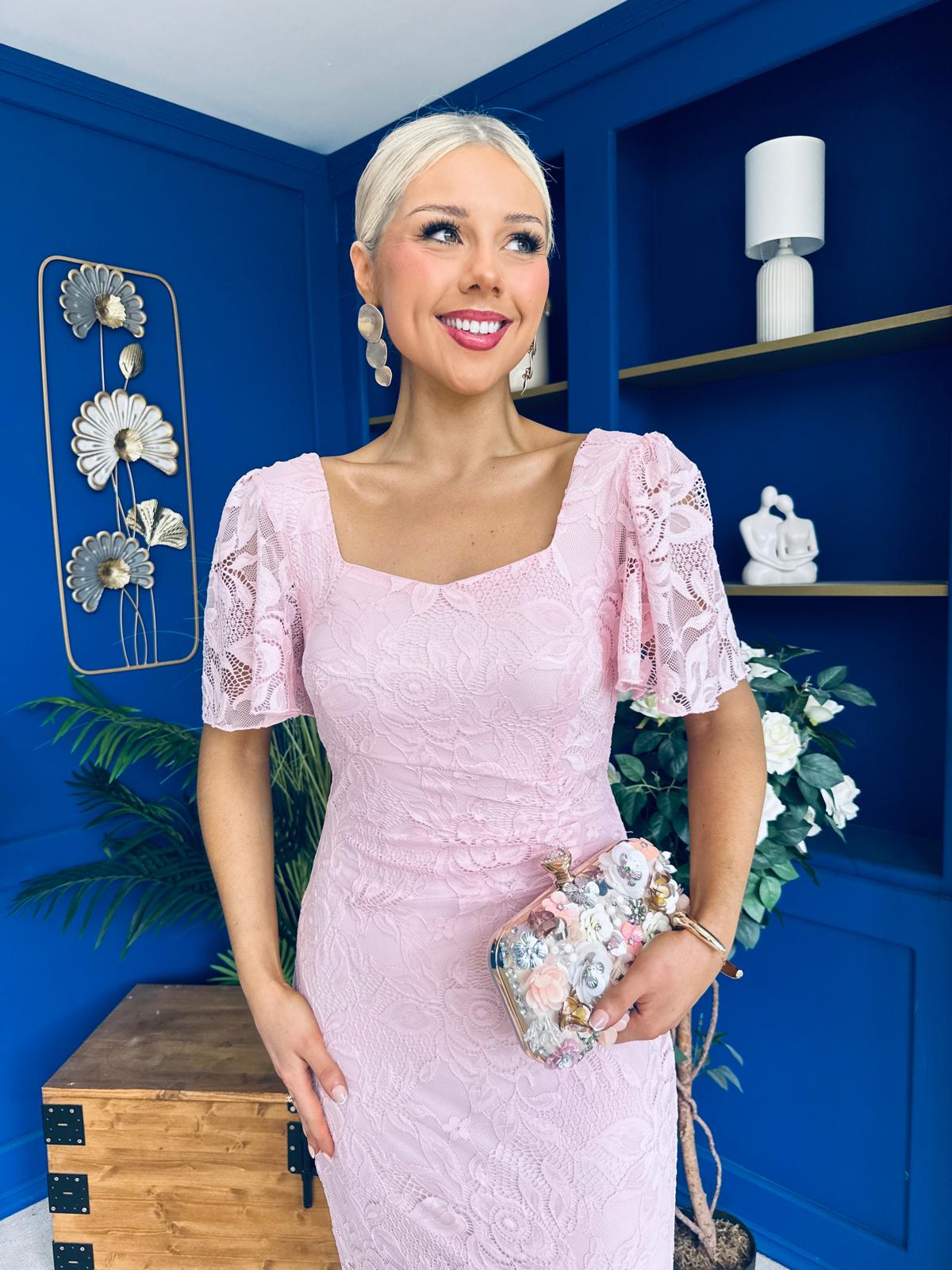 Heidi Lace Detail Ruched Midi Dress Pwr Pink