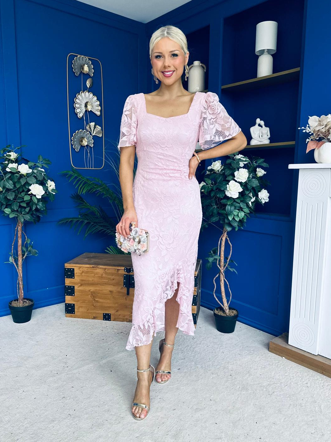 Heidi Lace Detail Ruched Midi Dress Pwr Pink