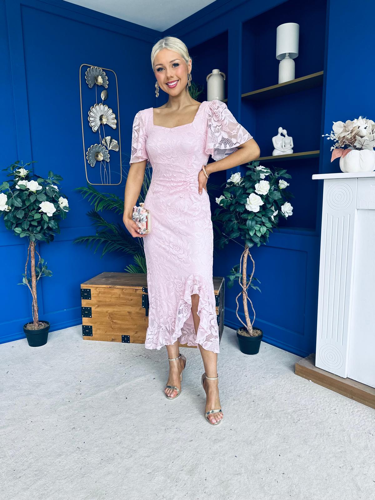 Heidi Lace Detail Ruched Midi Dress Pwr Pink