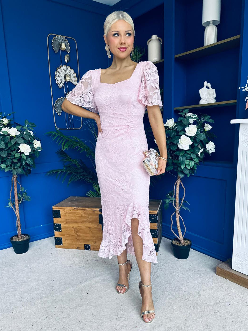 Heidi Lace Detail Ruched Midi Dress Pwr Pink