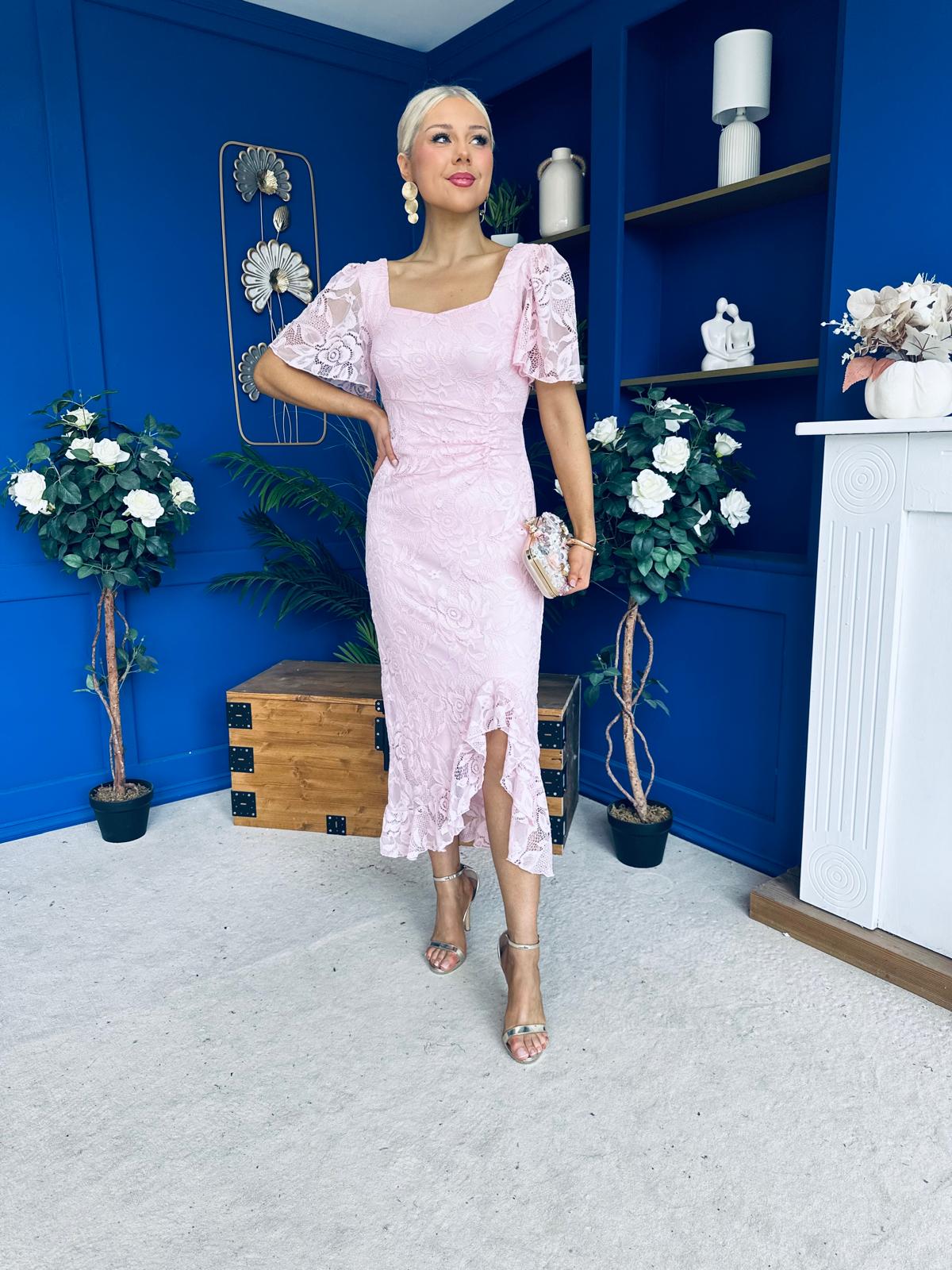 Heidi Lace Detail Ruched Midi Dress Pwr Pink