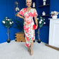 Drew Puff Sleeve Wrap Front Midi Dress Floral Coral