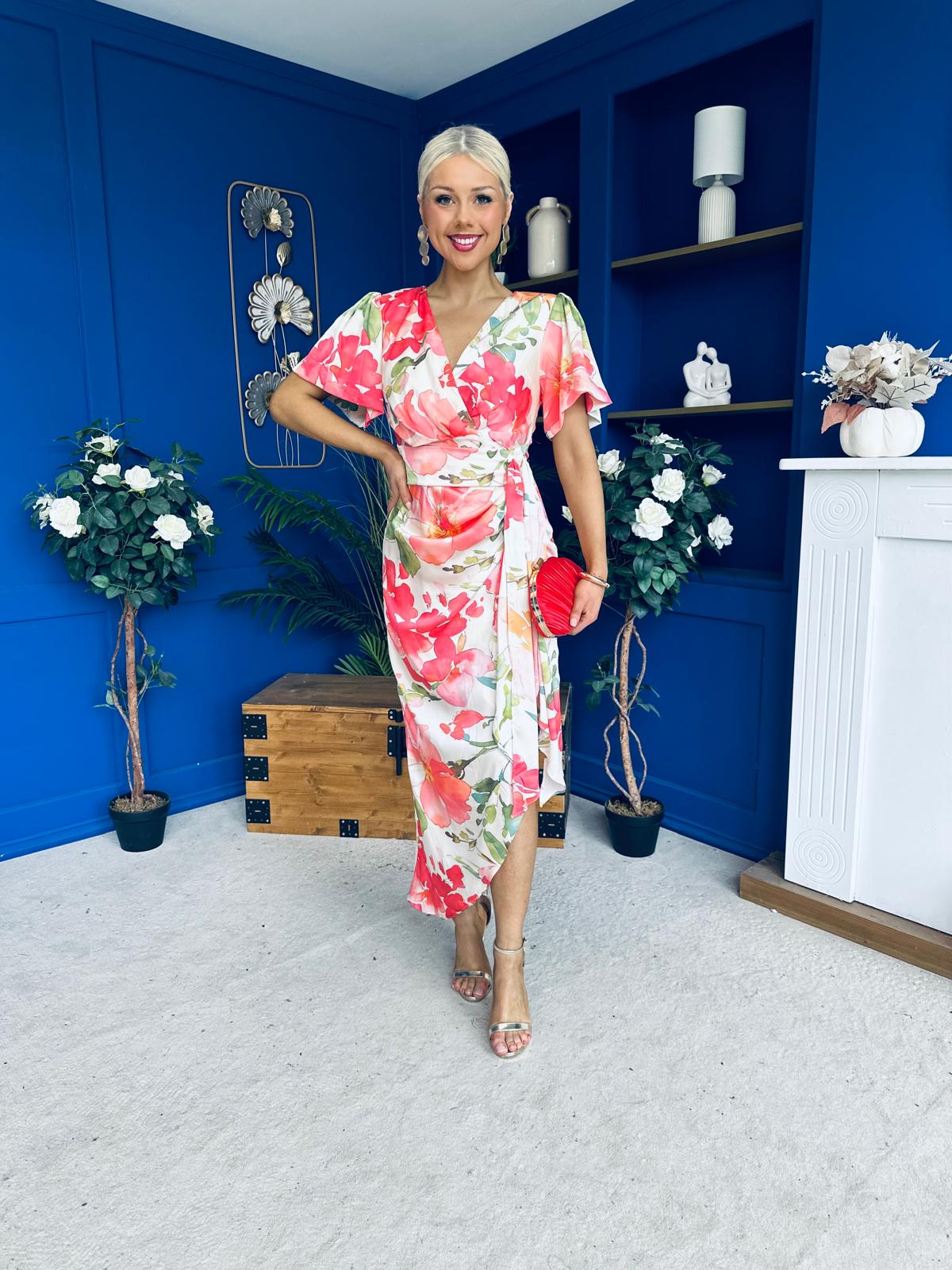 Drew Puff Sleeve Wrap Front Midi Dress Floral Coral