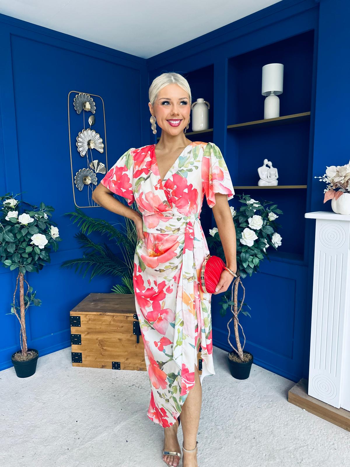 Drew Puff Sleeve Wrap Front Midi Dress Floral Coral