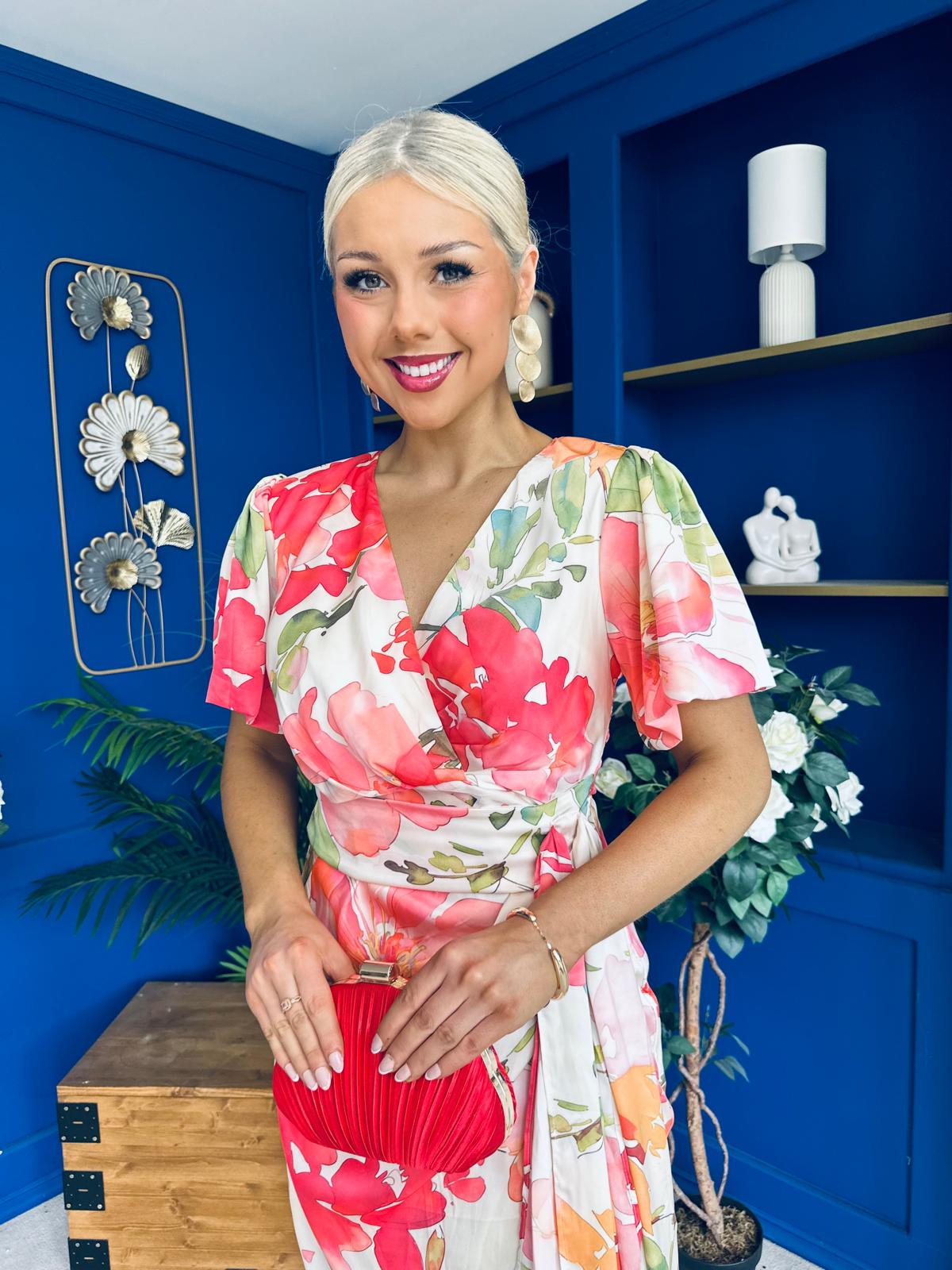 Drew Puff Sleeve Wrap Front Midi Dress Floral Coral