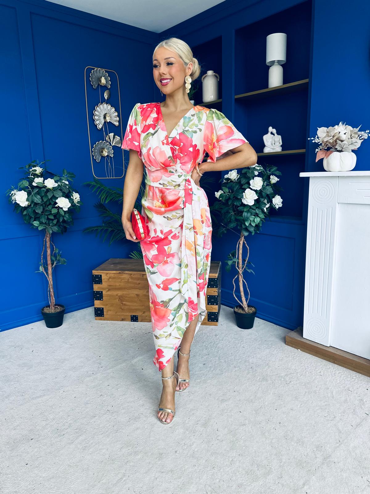 Drew Puff Sleeve Wrap Front Midi Dress Floral Coral