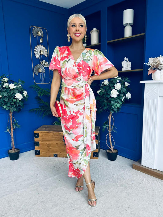 Drew Puff Sleeve Wrap Front Midi Dress Floral Coral
