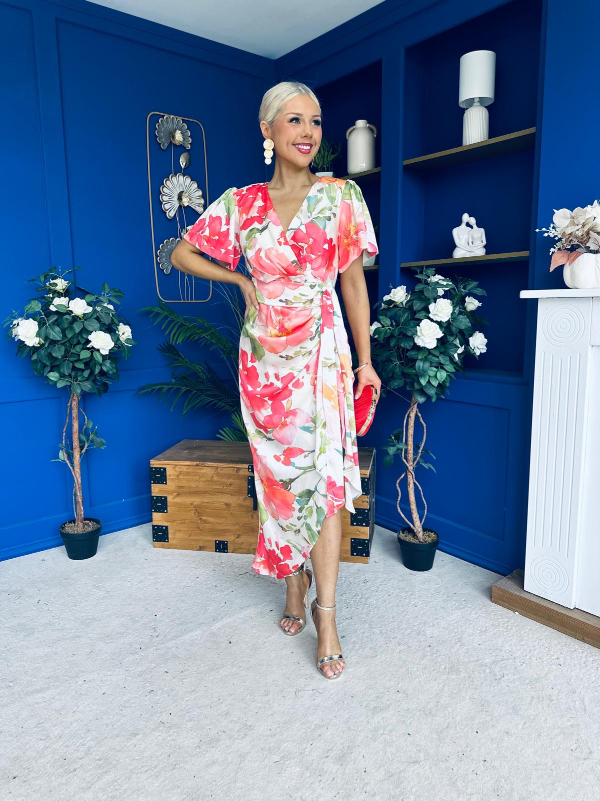 Drew Puff Sleeve Wrap Front Midi Dress Floral Coral
