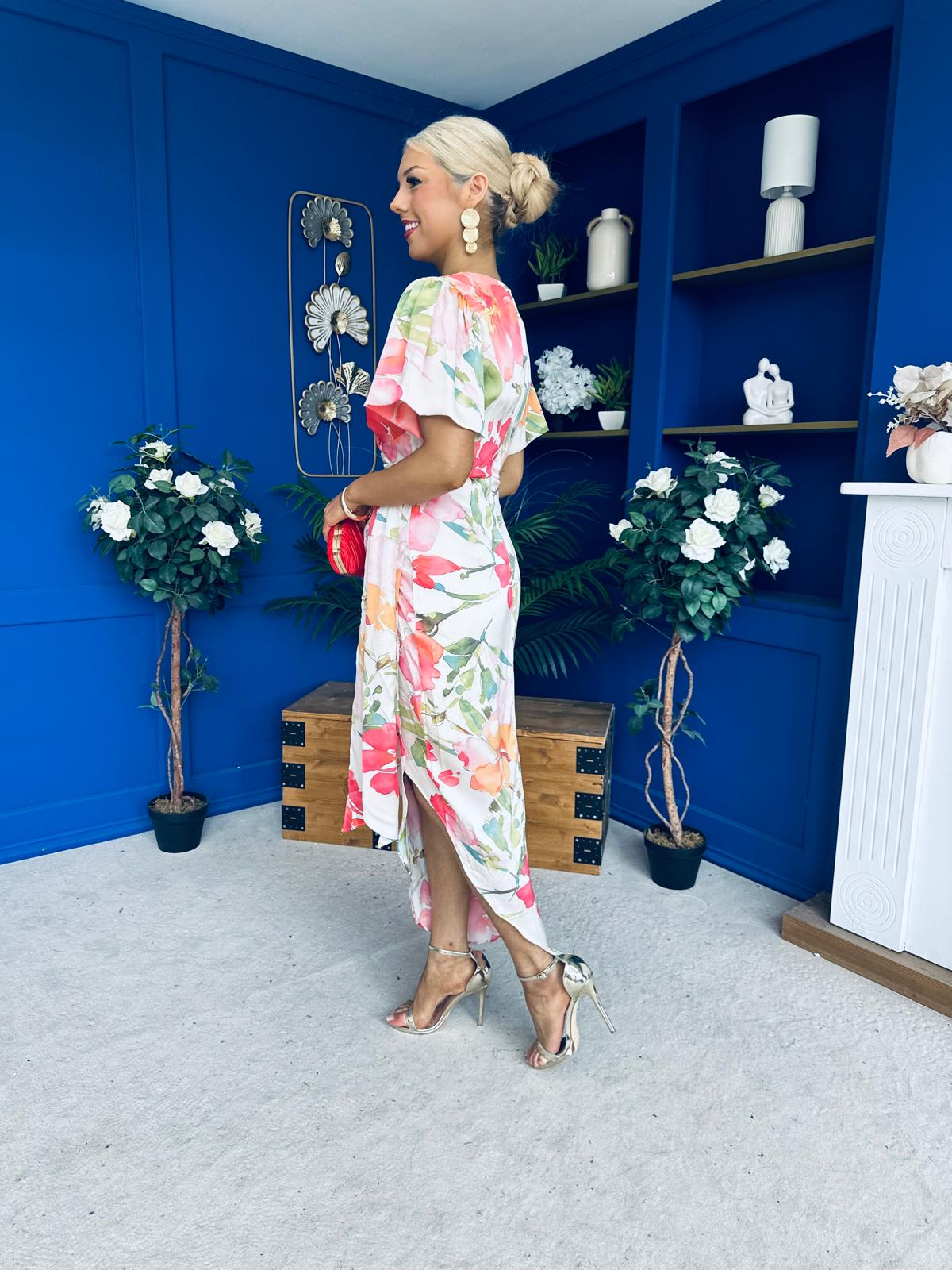 Drew Puff Sleeve Wrap Front Midi Dress Floral Coral
