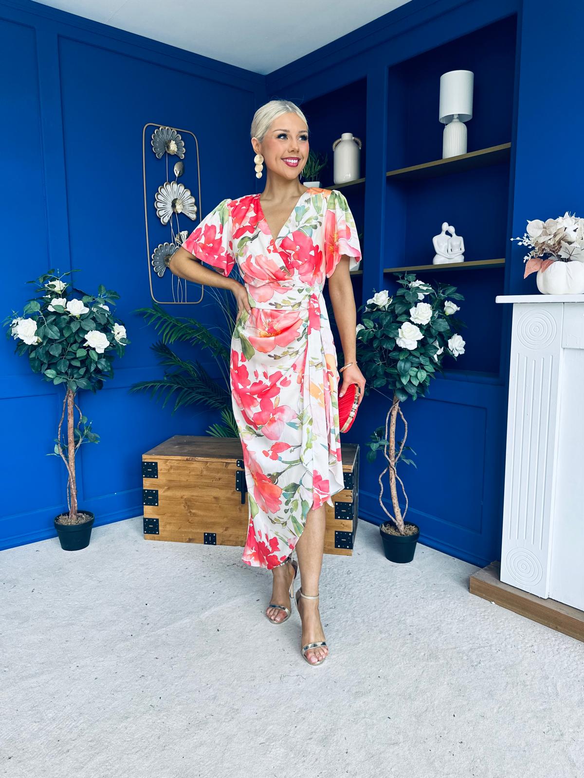 Drew Puff Sleeve Wrap Front Midi Dress Floral Coral