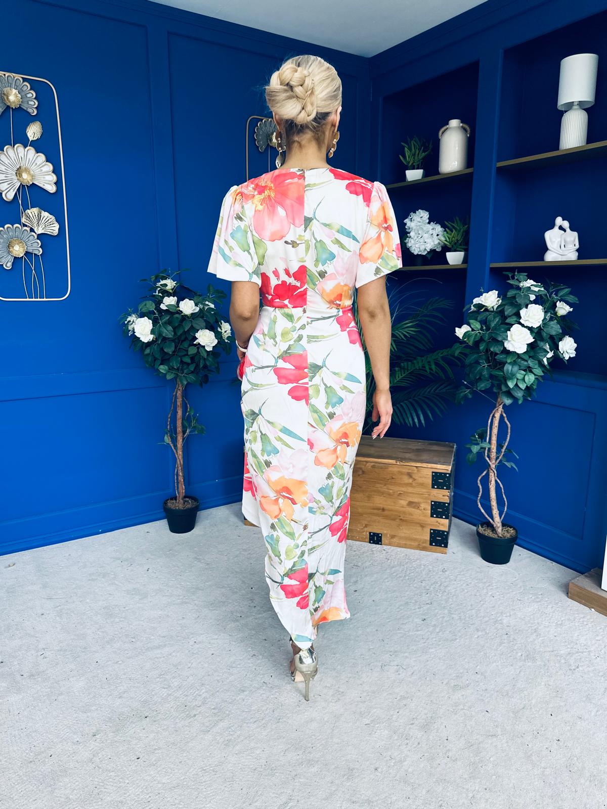Drew Puff Sleeve Wrap Front Midi Dress Floral Coral