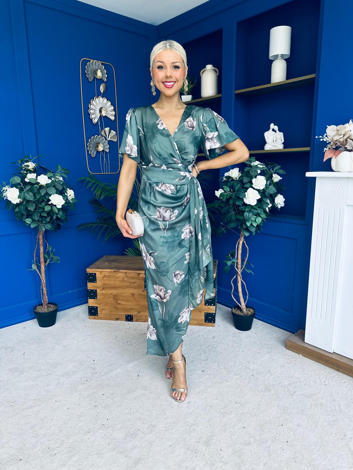 Drew Puff Sleeve Wrap Front Midi Dress Floral Green
