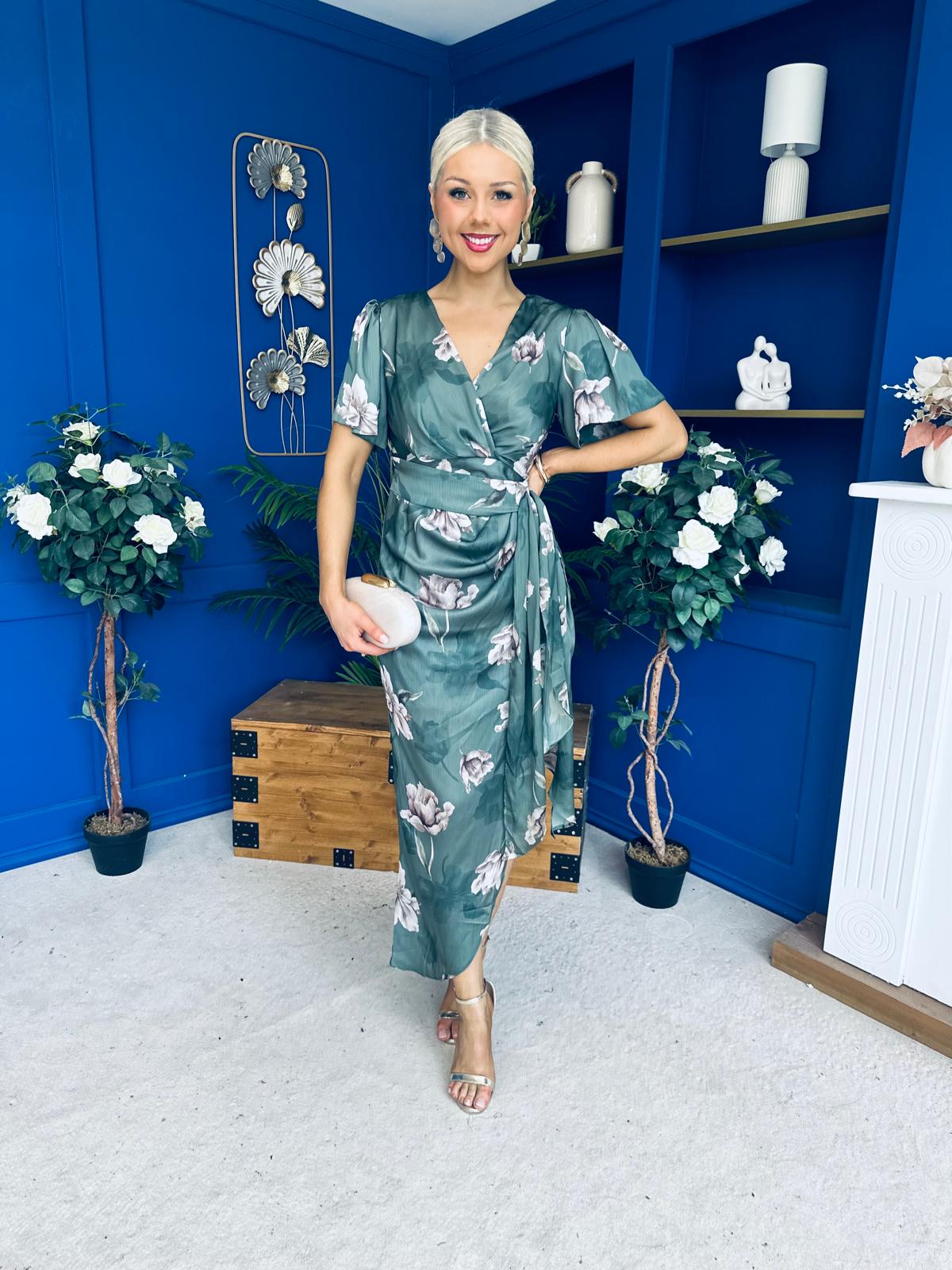 Drew Puff Sleeve Wrap Front Midi Dress Floral Green