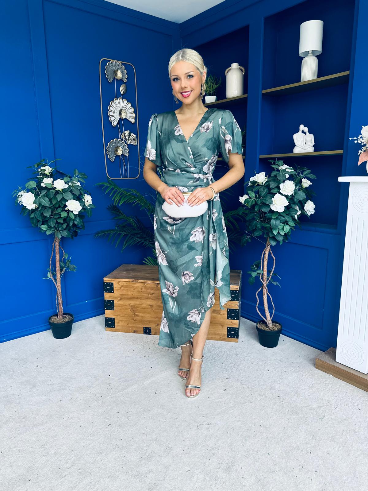 Drew Puff Sleeve Wrap Front Midi Dress Floral Green