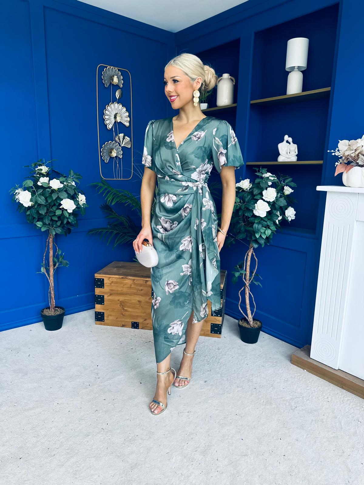 Drew Puff Sleeve Wrap Front Midi Dress Floral Green