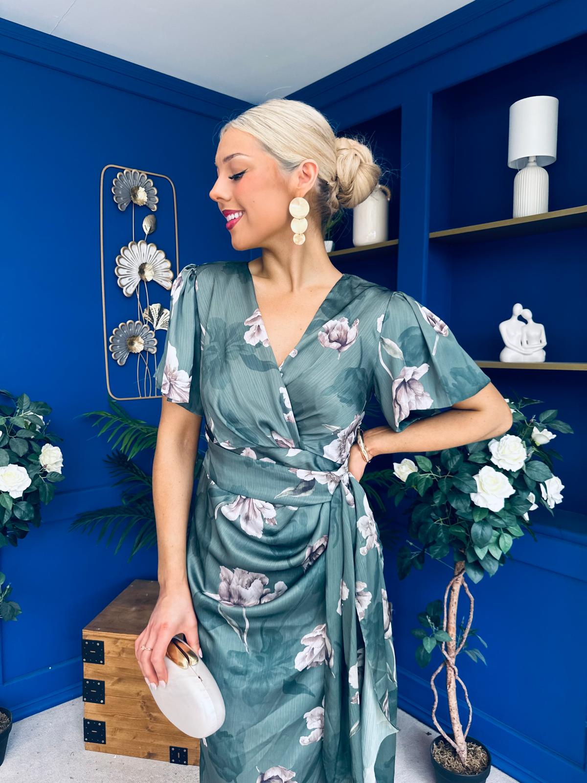 Drew Puff Sleeve Wrap Front Midi Dress Floral Green