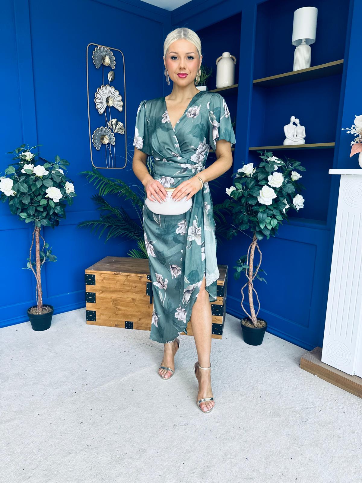 Drew Puff Sleeve Wrap Front Midi Dress Floral Green
