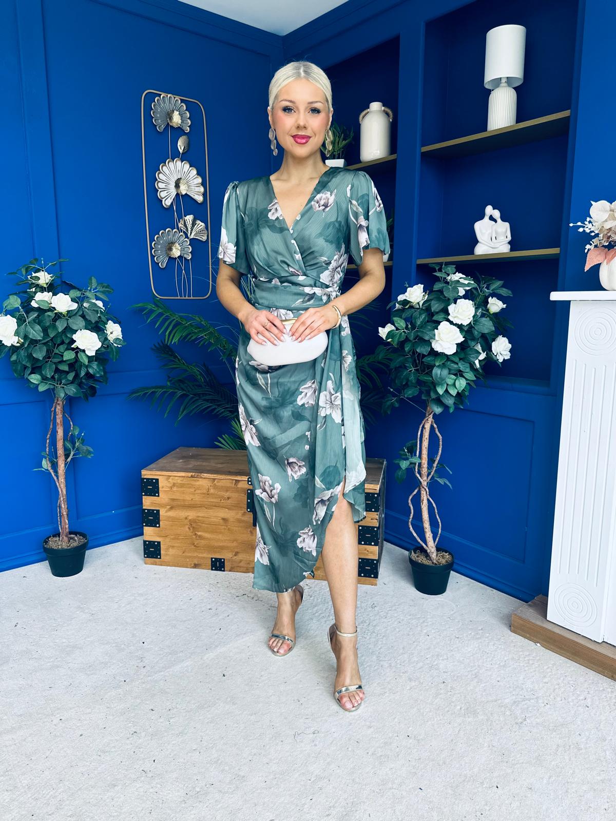 Drew Puff Sleeve Wrap Front Midi Dress Floral Green