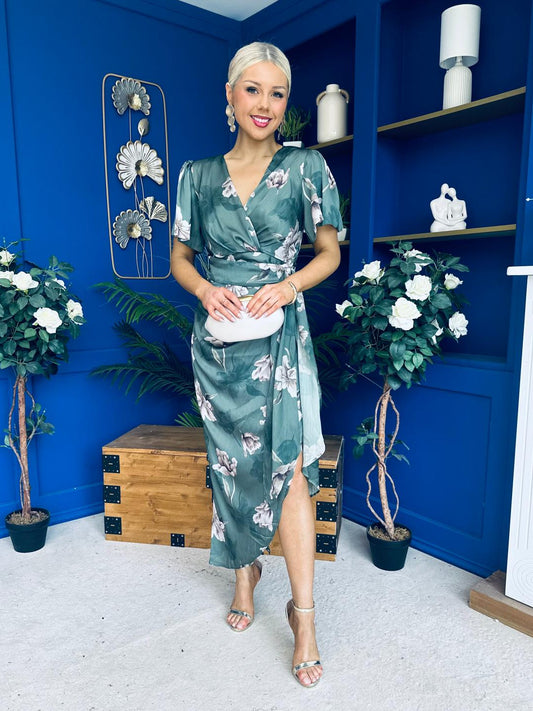 Drew Puff Sleeve Wrap Front Midi Dress Floral Green