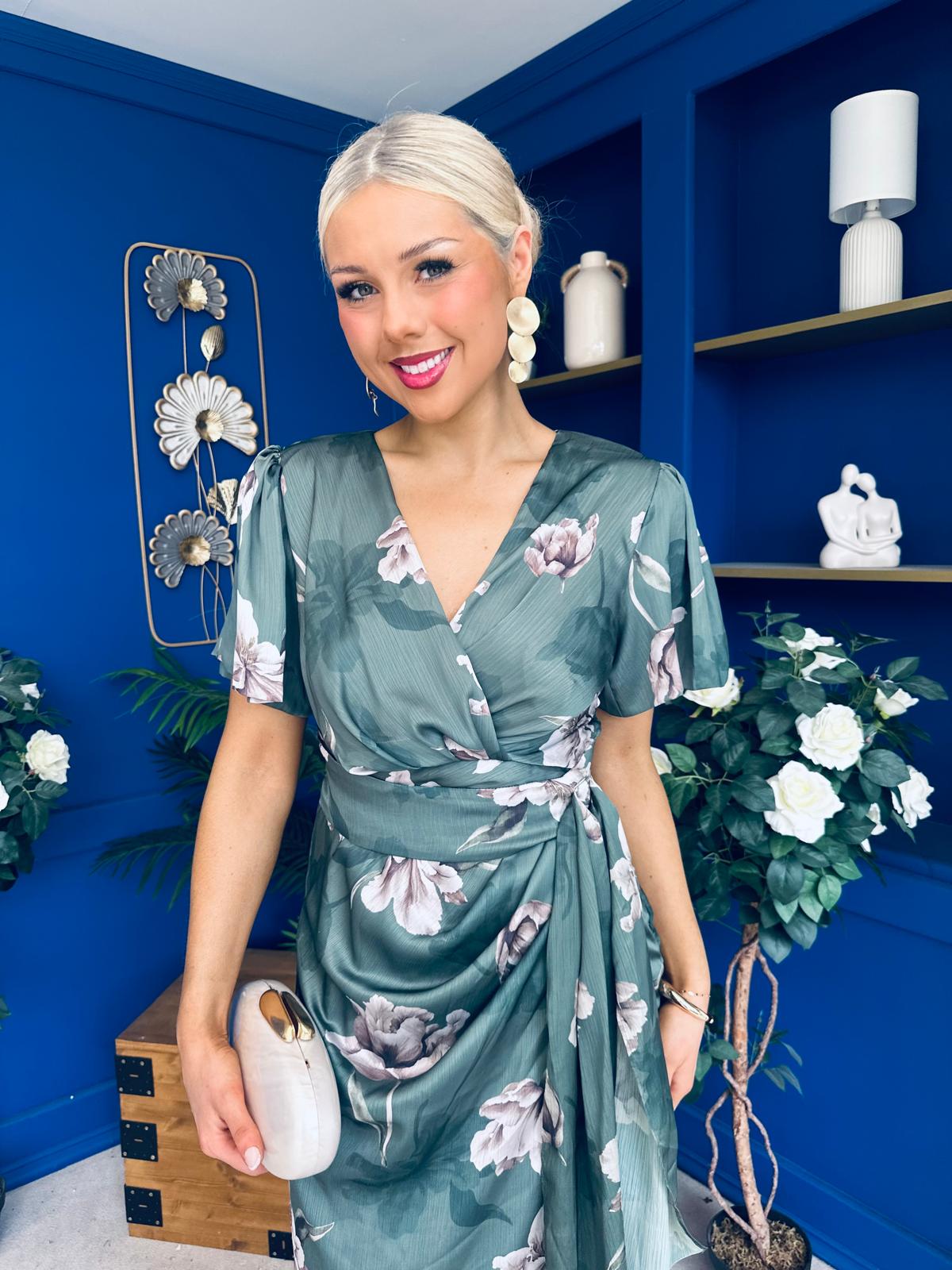 Drew Puff Sleeve Wrap Front Midi Dress Floral Green