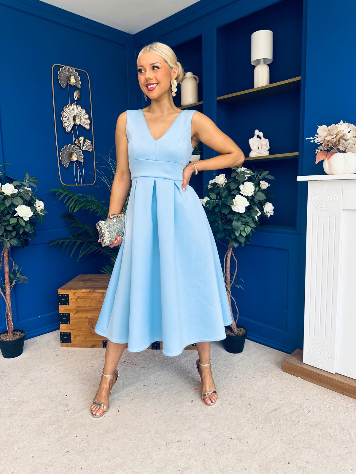 Bethany V Neck Skater Midi Blue