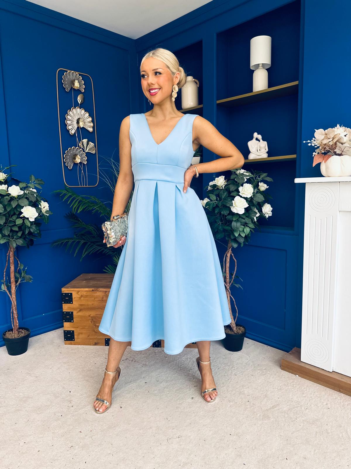 Bethany V Neck Skater Midi Blue