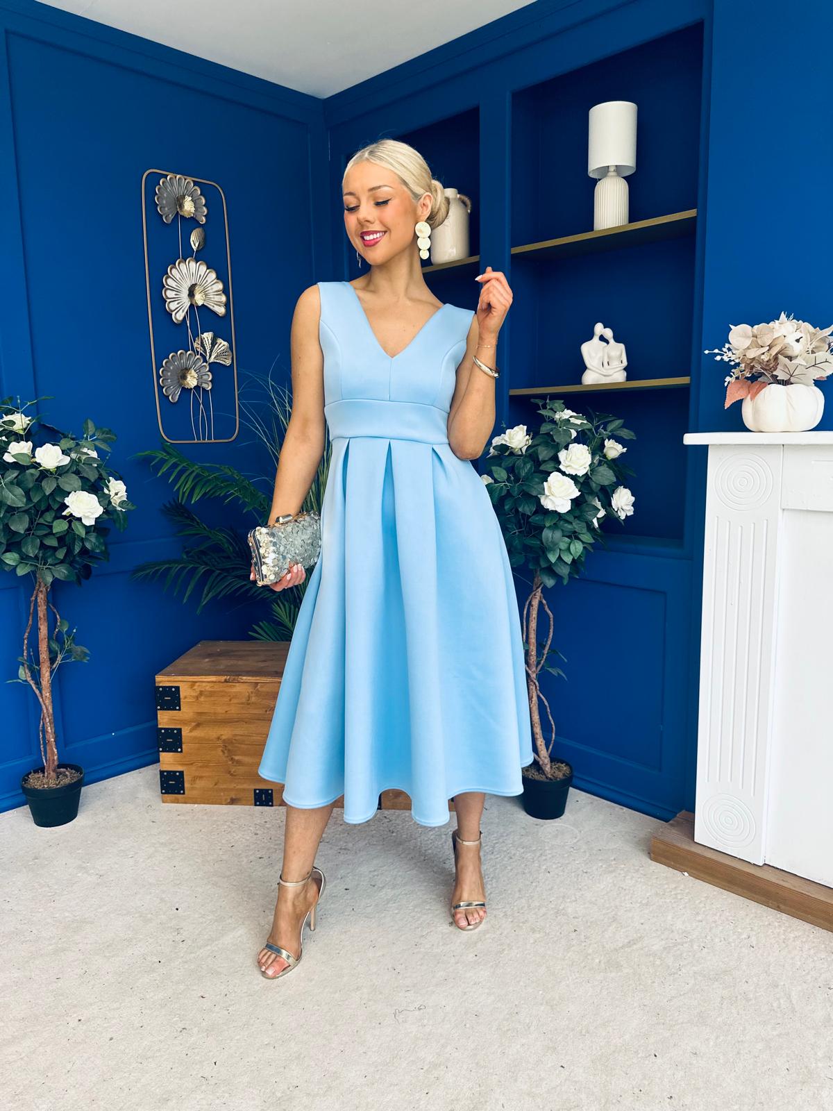 Bethany V Neck Skater Midi Blue