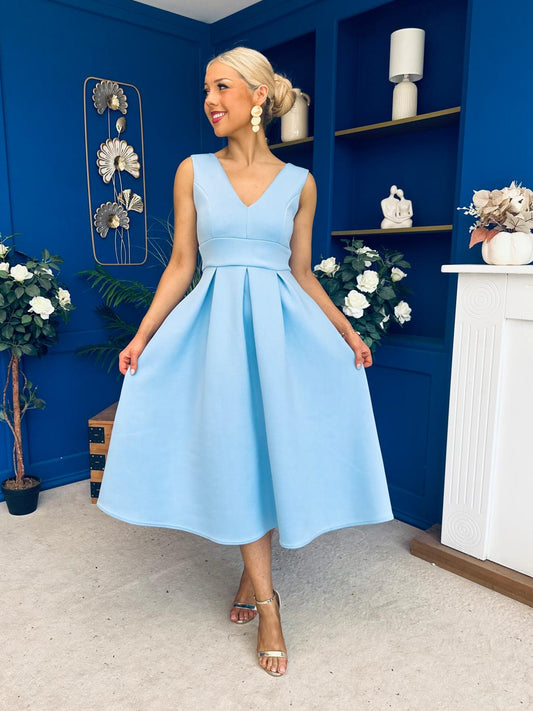 Bethany V Neck Skater Midi Blue