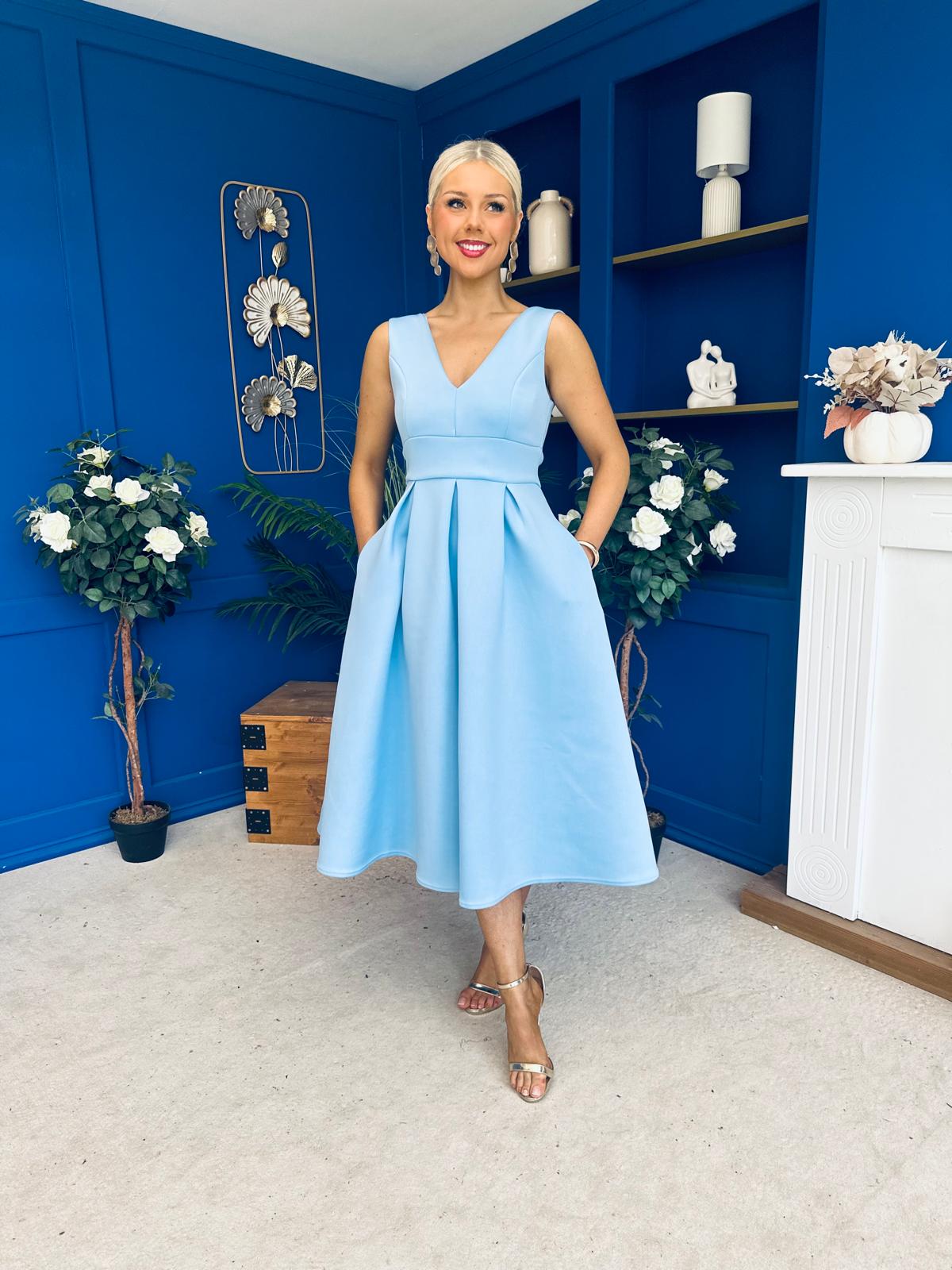 Bethany V Neck Skater Midi Blue