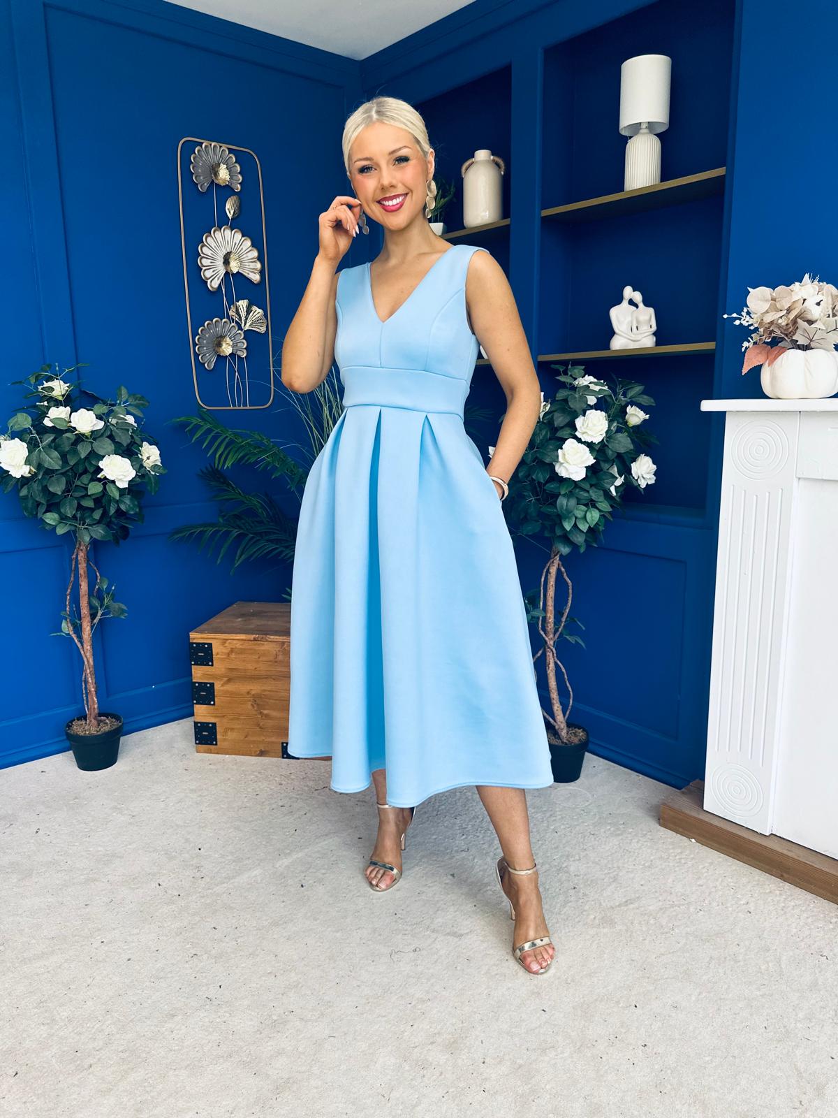 Bethany V Neck Skater Midi Blue