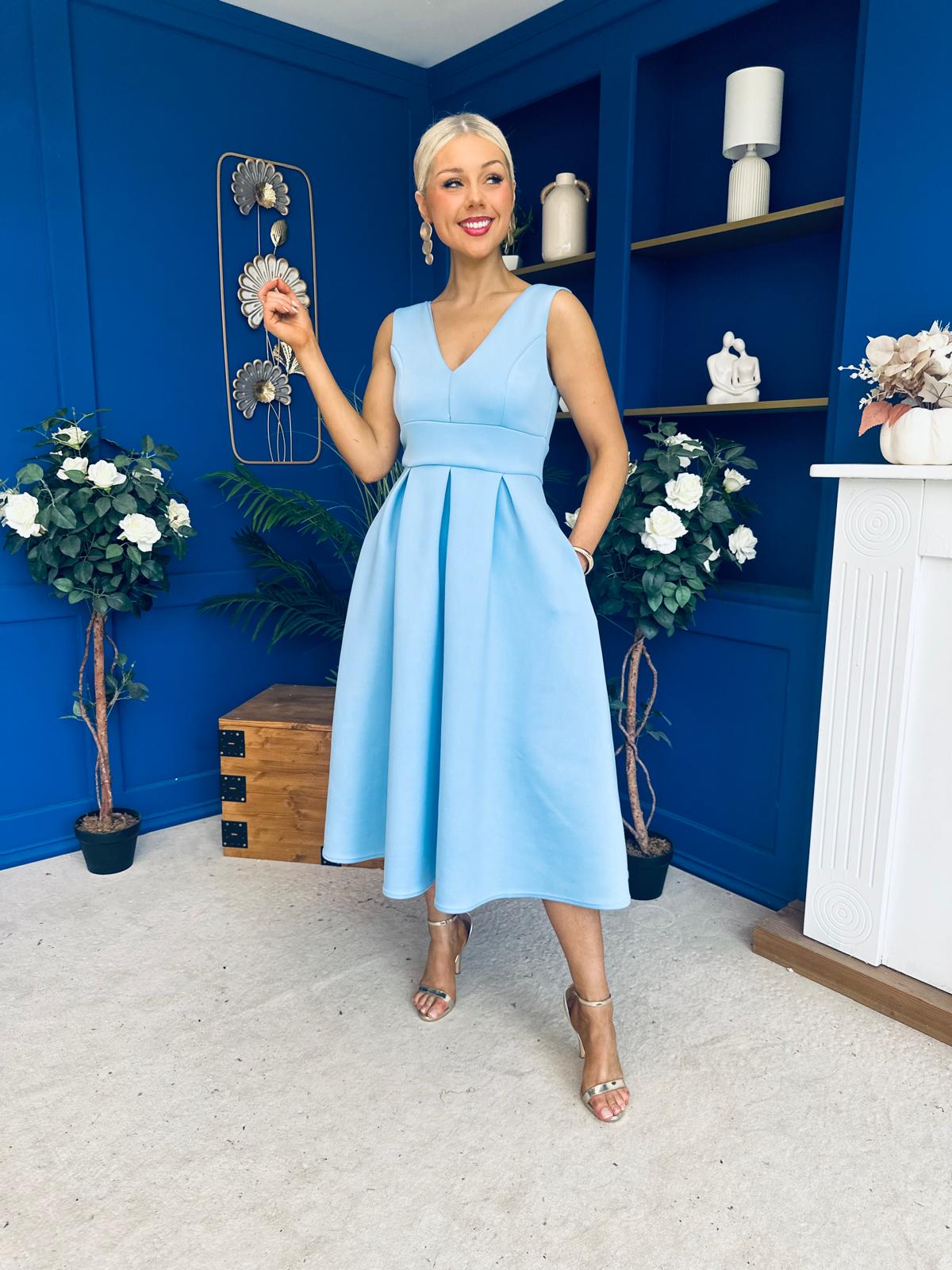 Bethany V Neck Skater Midi Blue